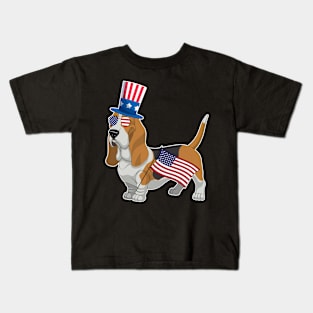 Basset Hound Uncle Sam Hat Sunglasses Usa Flag 4th Of July Kids T-Shirt